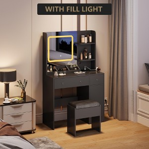 Vanity Desk and Stool with Mirror and Lights，Makeup Vanity with Charging Station, Drawers - 1 of 4