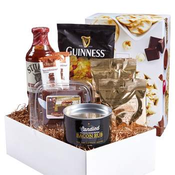 GreatFoods Bacon Bourbon Beer Market Box with Guinness Chips, BBQ grilling Sauce, and Bacon snacks