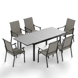 Captiva Designs 7pc Outdoor Patio Black Steel Dining Table & Brown Textilene Arm Chairs - 1 of 4
