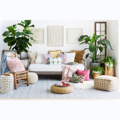 Natural Fiber White and Beige Woven Pouf
