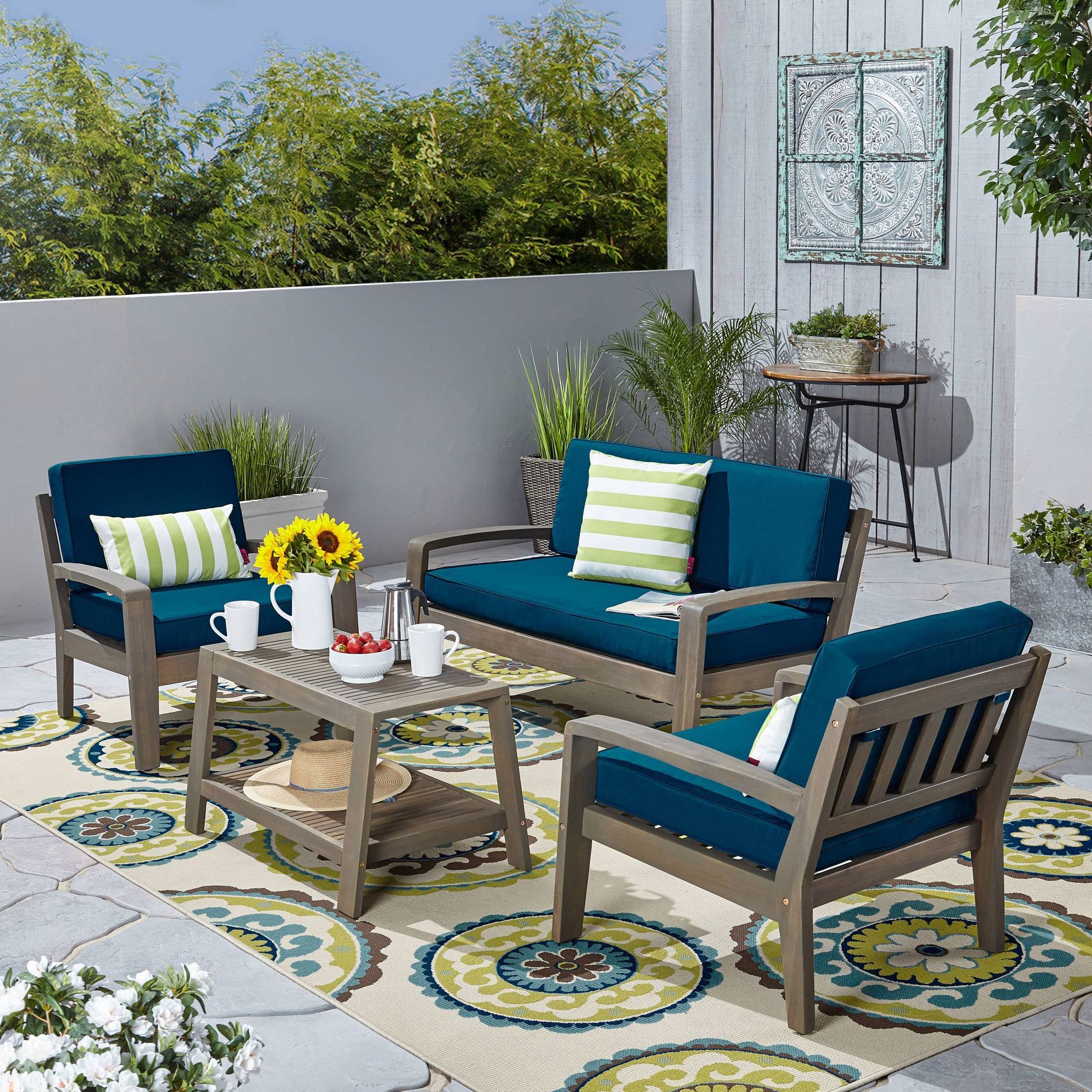 4pc Grenada Acacia Patio Chat Set Gray - Christopher Knight Home: Weather-Resistant Outdoor Seating with Cushions