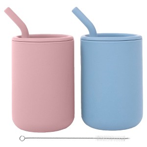 WeeSprout Silicone Baby Cups With Straws and Lids, 4 & 8 oz Options, Set of 2, Food Grade Toddler Training Container, Built In Straw Stoppers - 1 of 4