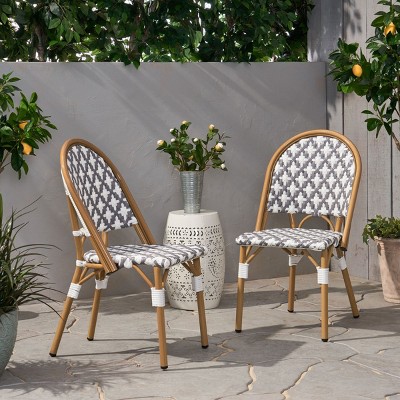 Coolbibila Outdoor PE Rattan Patio Dining Chairs Set Of 2,Aluminum French Bistro Chair With Bamboo Print Finish,Patio Garden Armless Chair