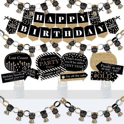 Big Dot of Happiness Adult Happy Birthday - Gold - Banner and Photo Booth Decorations - Birthday Party Supplies Kit - Doterrific Bundle