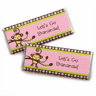 Big Dot of Happiness Pink Monkey Girl - Candy Bar Wrappers Baby Shower or Birthday Party Favors - Set of 24