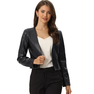INSPIRE CHIC Women's Collarless Open Front Faux Pocket Faux Leather Crop Moto Jackets - 1 of 4