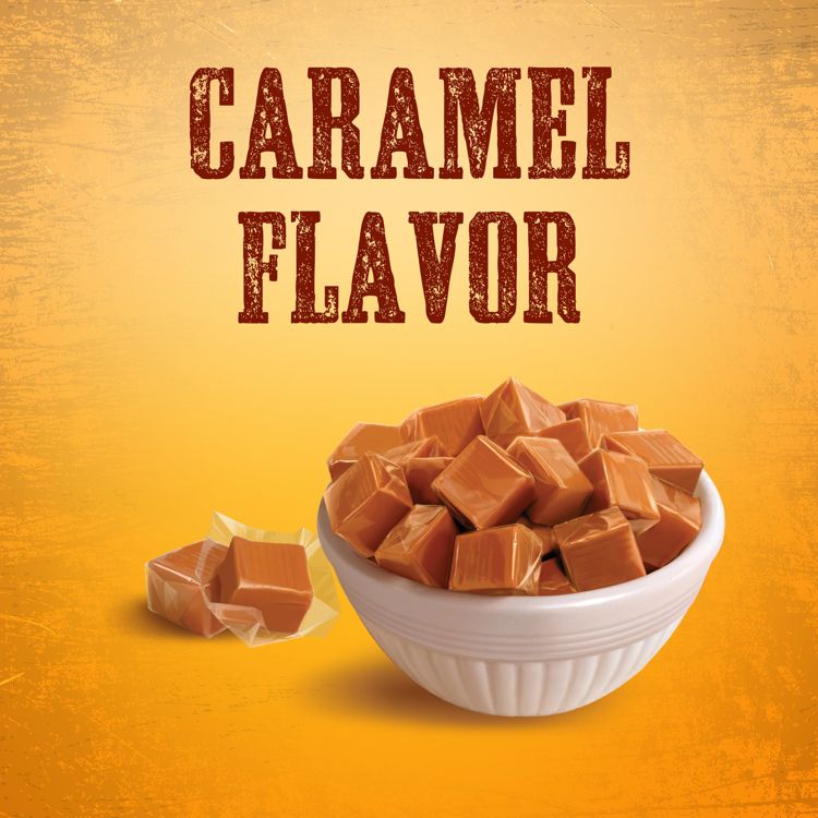 A white bowl filled with caramel colored candies, with the text "CARAMEL FLAVOR" above.