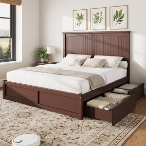 AMERLIFE Solid Wood Storage Mid-Century Bed Frame with 50" Headboard, 2 Drawers, No Box Spring Needed, Noise-Free - 1 of 4