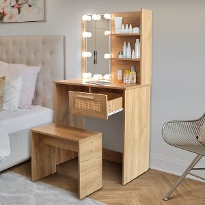 Vanity Desk Set Stool & Dressing Table with LED Lighting Mirror Drawer and Compartments Modern Wood Cosmetic Table Chest of Drawers - 1 of 4