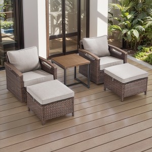 Belord 5 Piece Patio Furniture Set, Dark Brown Hand-Brushed Arms Swivel Glider Patio Chairs Set of 2 with Ottomans - 1 of 4