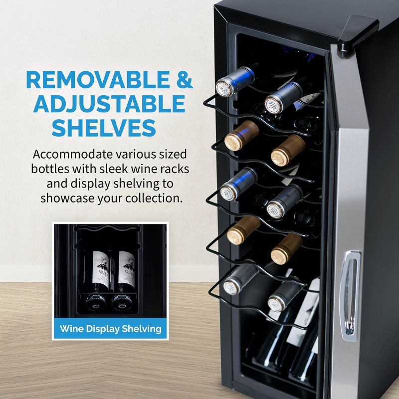Newair 12 Bottle Wine Cooler Refrigerator, Freestanding Wine Fridge with Stainless Steel & Double-Layer Tempered Glass Door, Quiet Compressor Cooling, 5 of 17