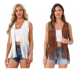 INSPIRE CHIC Women's 70s Western Open Front Faux Suede Fringe Vest 2 Packs - 1 of 4