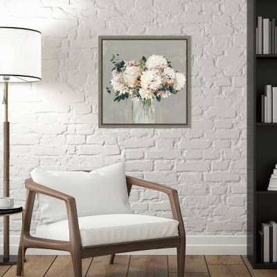 White Hydrangea in Vase Canvas Wall Art with Grey Frame