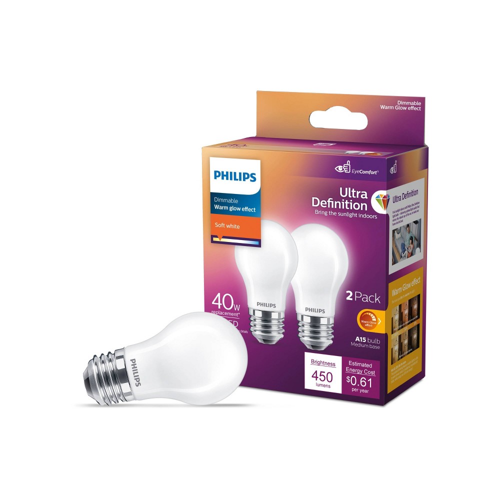 Philips UltraDef LED 40W Frosted Soft White A15 2P: Dimmable Energy Star A15 Light Bulbs, 450 Lumens, 2700K, 2 Pack