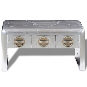 vidaXL Aviator Aluminum Coffee Table with Three Drawers, Vintage Aircraft Airman Style, Solid Wood Frame for Living Room, Silver - 1 of 4