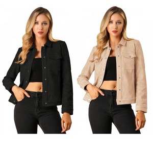 INSPIRE CHIC Women's Turn-Down Collar Flap Pockets Snap Button Faux Suede Jacket 2 Packs - 1 of 4