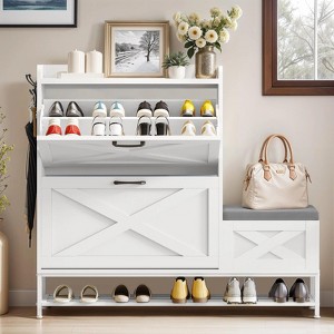 Farmhouse Shoe Cabinet with Bench 2 Flip Drawers Shoe Storage for 16 Pairs For Entryway - 1 of 4