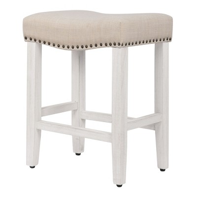Beige Upholstered Wood Saddle-Style Counter Stool 24"