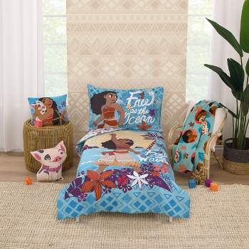 Disney Moana Free as the Ocean Aqua, Purple, Orange and White Tropical 4 Piece Toddler Bed Set