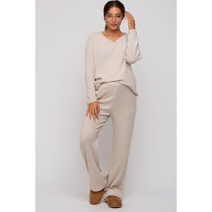 PinkBlush Beige Ribbed Soft Knit Long Sleeve Maternity Pajama Set - 1 of 4