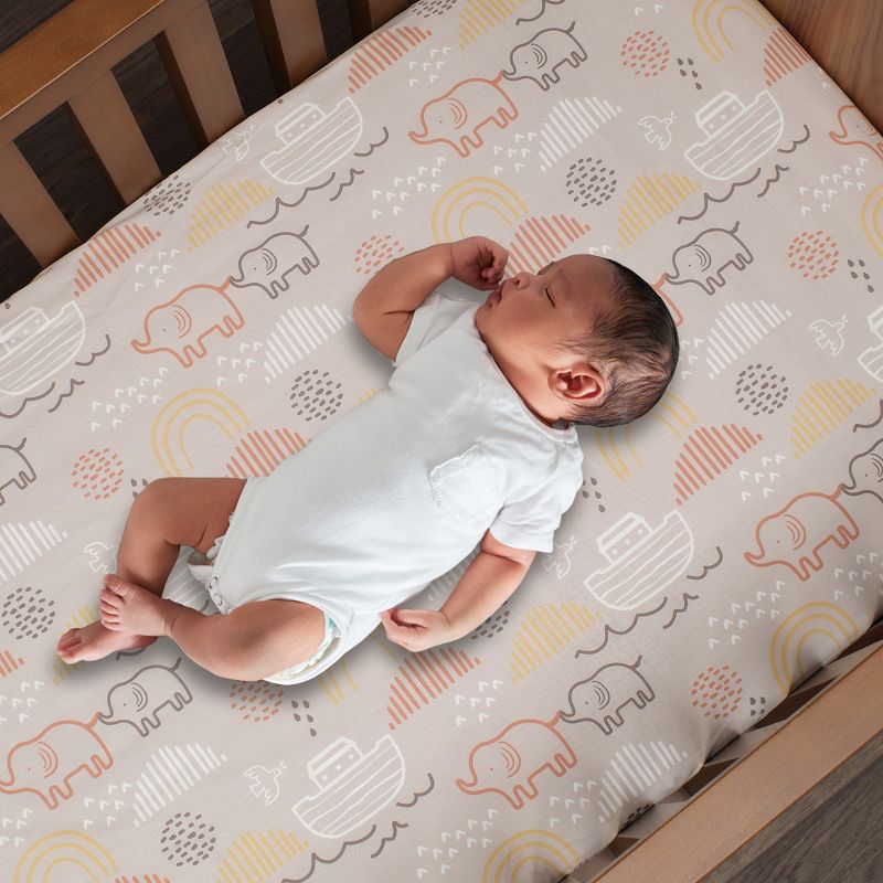 Lambs & Ivy Baby Noah Taupe Elephant/Ark/Rainbow 100% Cotton Fitted Crib Sheet, 2 of 6