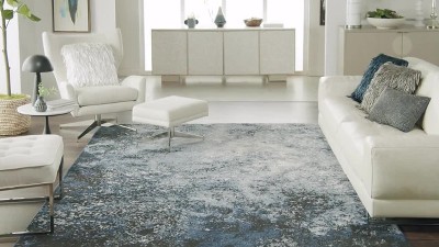 Navy and Light Blue Round Geometric Synthetic Rug