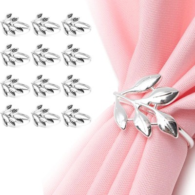 Set of 12 Metal Leaf Silver Napkin Rings Holder for Dinner Table Wedding Event, 1.8 inches
