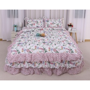 Luupatchy 3 Pc Cotton Bed Skirt Set, Pink Floral Printed, With 2 Pillow Cases, All-Season Bedding for Women & Home Bedrooms - 1 of 4
