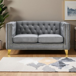 Velvet 2-Seater Tufted Sofa with Metal Legs & Nailhead Trim - 1 of 4
