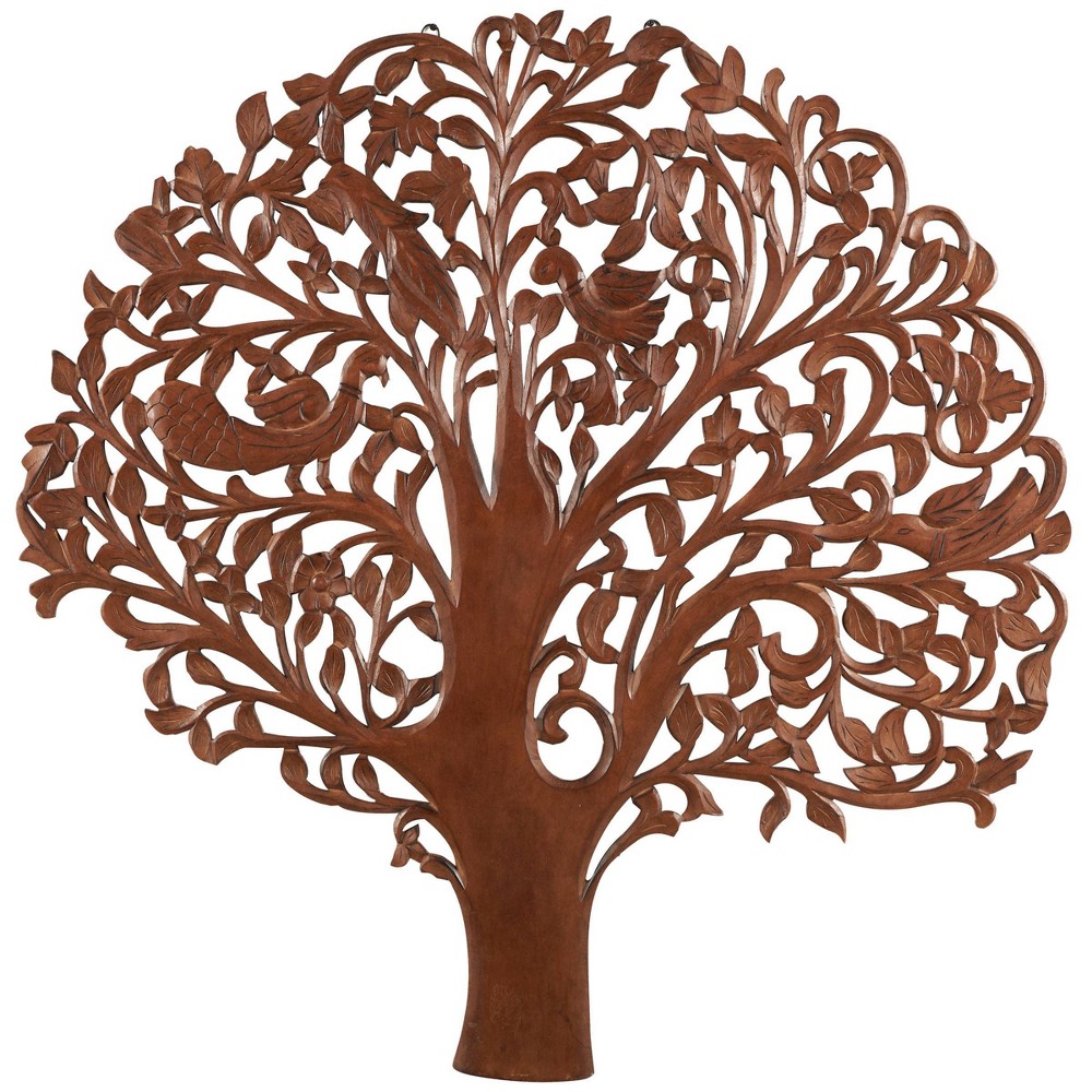 Photos - Wallpaper 45"x43" Wooden Tree Carved Wall Decor with Bird Accents Brown - Olivia & M