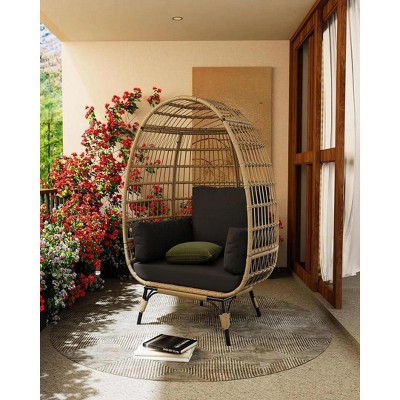 Oversize Rattan Egg Chair Outdoor Wicker Patio Lounge Chairs with Steel Frame Stand and 4 Cushions for Patio, Porch, Backyard, living rooms