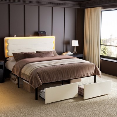 WOWLIVE Upholstered Bed Frame with Adjustable Headboard and 2 Storage Drawers, Velvet Platform Bed Frame with Charging Station and LED, Beige & Grey