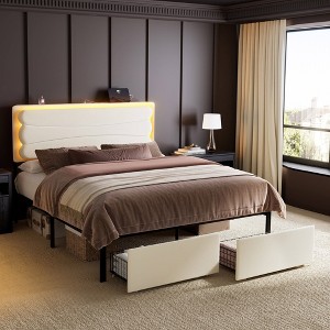 WOWLIVE Upholstered Bed Frame with Adjustable Headboard and 2 Storage Drawers, Velvet Platform Bed Frame with Charging Station and LED, Beige & Grey - 1 of 4