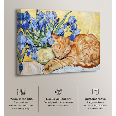 Blissful Nap Orange Cat with Blue Flowers Canvas Wall Art