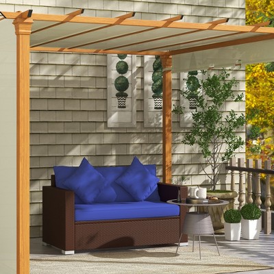 Outsunny Brown Wicker Loveseat with Dark Blue Cushions