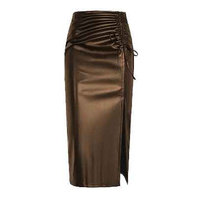 Coolmee Women's Faux Leather Midi Skirt High Waisted Drawstring Ruched Fashion Side Slit Work Pencil Skirts for Women
