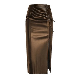 Coolmee Women's Faux Leather Midi Skirt High Waisted Drawstring Ruched Fashion Side Slit Work Pencil Skirts for Women - 1 of 4