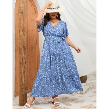 Plus Size Women's Flowy Tiered Maxi Dress - V-Neck, Short Sleeve & Waist  Tie with Floral Print Blue Flower 2X : Target