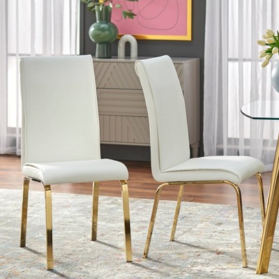 White Faux Leather and Gold 5-Piece Dining Set with Glass Top