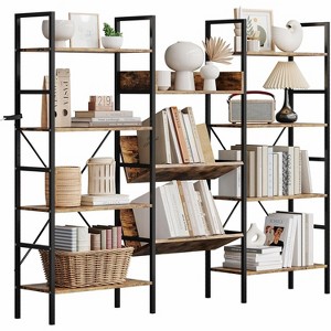 Metal Frame Bookcase,Triple Wide 4 Tiers Industrial Bookcases with 11 Open Display Shelves,Open Record Player Shelves - 1 of 4