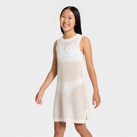 Art Class Girls' Solid Crochet Dress Swimsuit Cover-Up - art class™ White XS