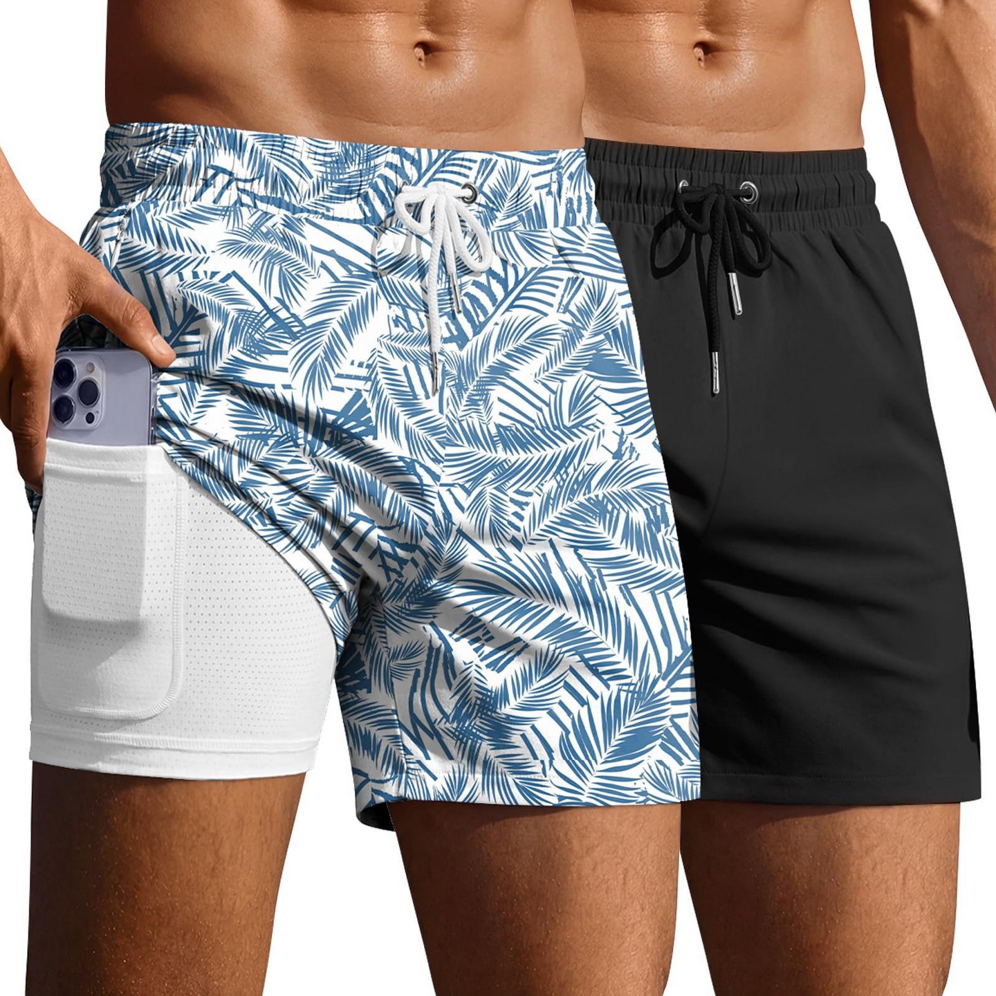Мужские шорты Ekouaer 2-Pack 5" Swim Trunks with Compression Liner, Quick Dry Board Shorts, Zipper Pocket Black/Plant Leaves XL, цвет: Чёрный — фото 1