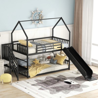 Twin Over Twin Metal Bunk Bed House Bed With Slide And Staircase, Black ...