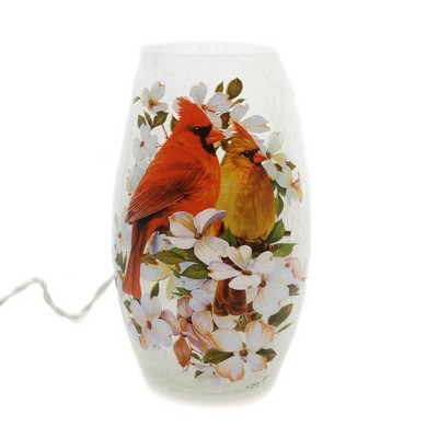 Stony Creek 7.25 In Cardinal Lighted Glass Vase Magnolia Birds Flowers Novelty Sculpture Lights