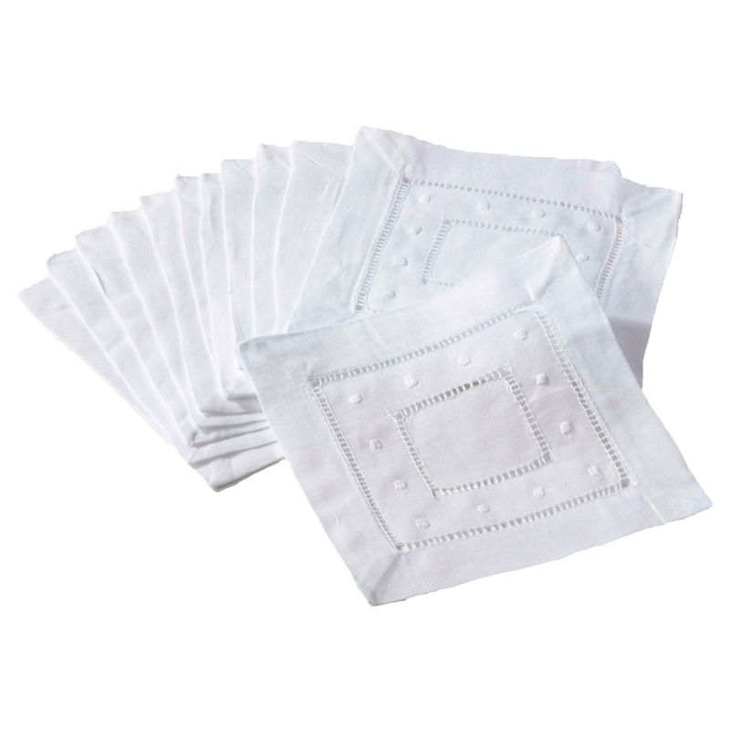 Saro Lifestyle Embr. and Hemstitch Cocktail Napkin, 6" Square, White (Set of 12), 1 of 2