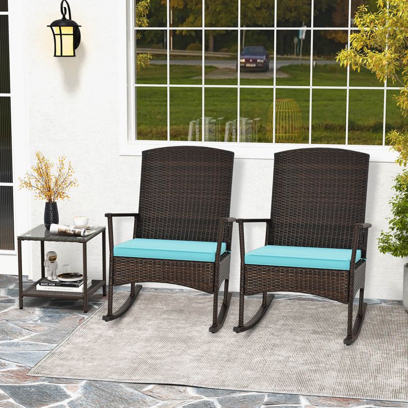 Costway 3 Piece Patio Rocking Set Wicker Rocking Chairs with 2-Tier Coffee Table Turquoise/Off White, 4 of 11