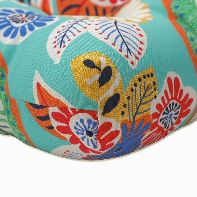 Aqua Blue Floral Tufted Loveseat Cushion with Polyester Fill