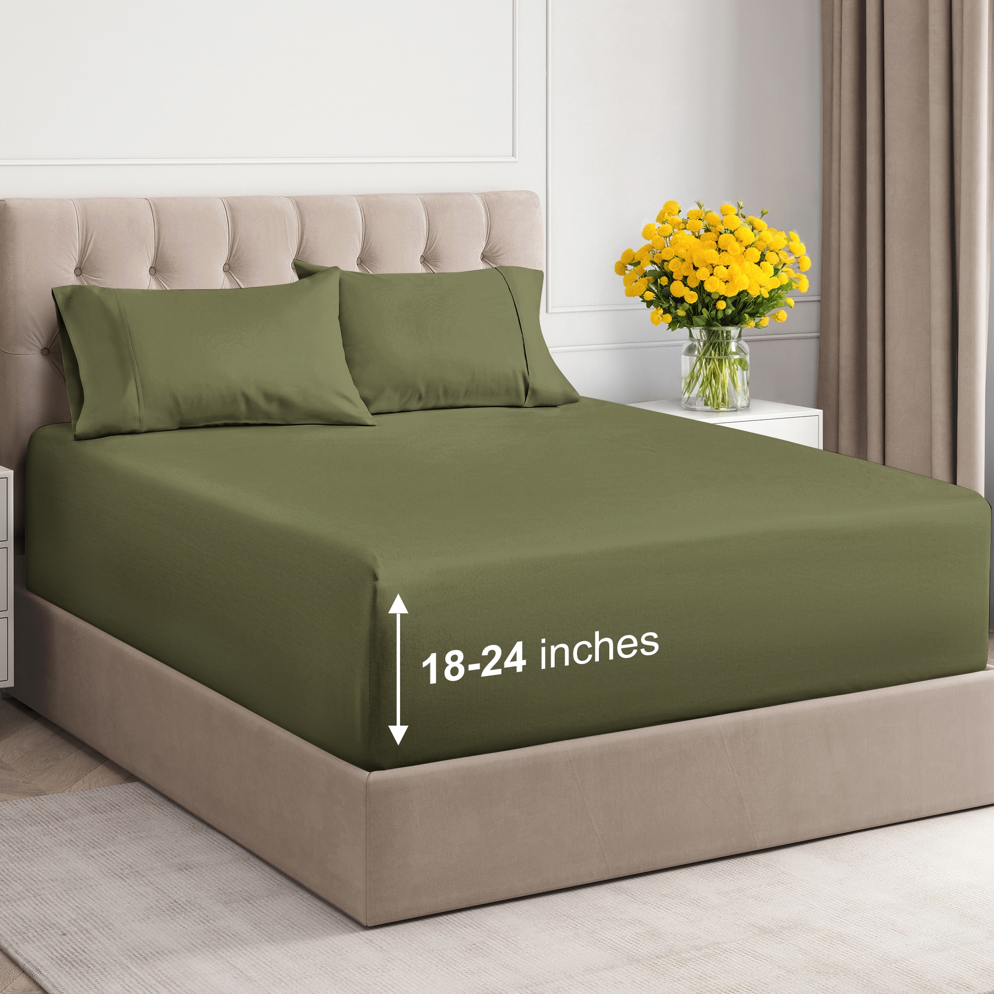 CGK Linens 100% Cotton 400 TC 4 Piece Sheet Set - Extra Deep Pocket for 18"-24" Mattresses in Sage Green, Size King