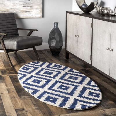 Navy and White Wool Oval Tufted Area Rug, 5' x 8'