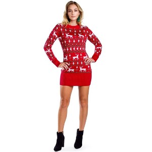 Tipsy Elves Women's Red Reindeer Sweater Dress - Fair Isle Holiday Sweater - 1 of 4